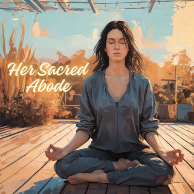 Titelbild für Meditationskurs "Her Sacred Abode": Eine Frau sitzt im Meditationssitz auf einer Holz-Veranda in der goldenen Nachmittagssonne