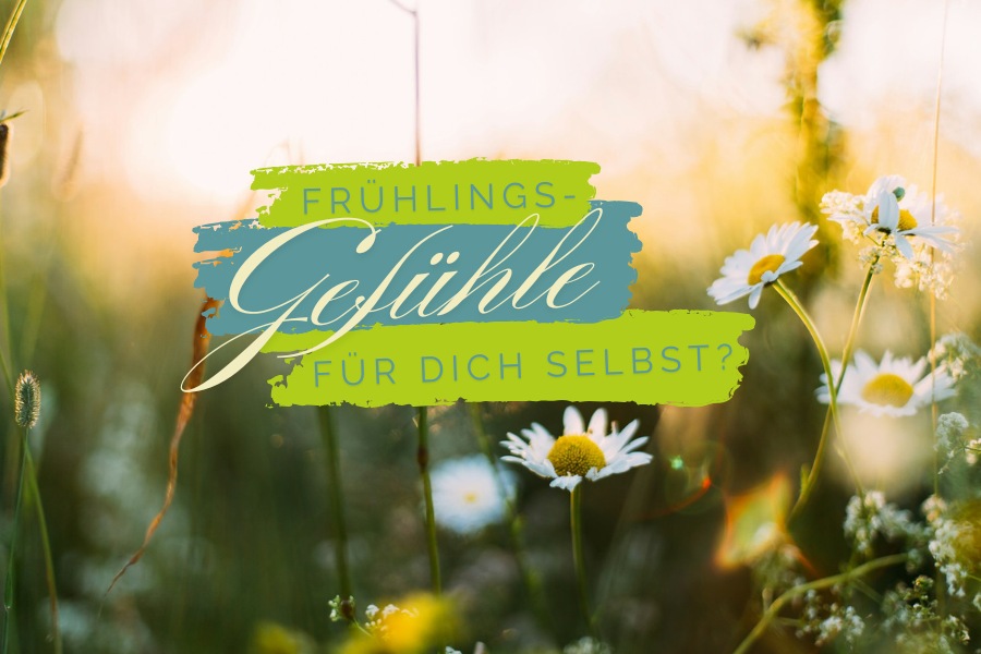 Frühlingswiese mit Gänseblümchen und Schriftzug "Frühlingsgefühle für dich selbst?"
