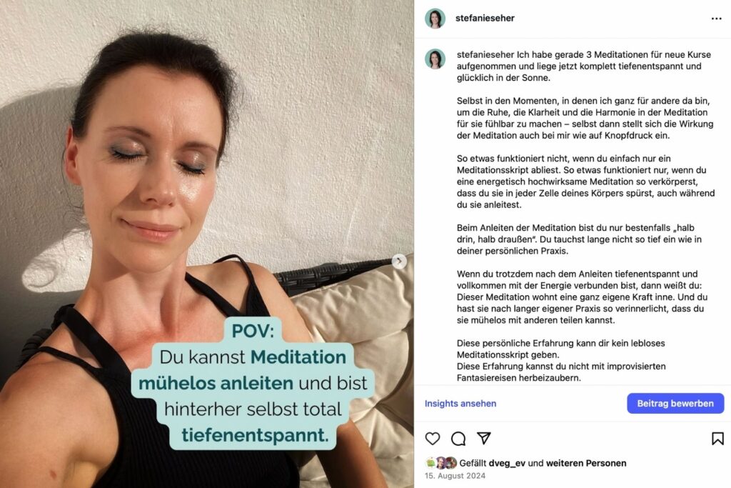 Instagram-Screenshot: Nachdem ich 3 Meditationen für einen Kurs aufgenommen hatte, war ich so tiefenentspannt und glücklich, wie es später auch meinen Kursteilnehmerinnen mit den Meditationen ging.