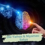 Darstellung eines Gehirns zur Illustration von Intelligenz: eine Hälfte künstlich, die andere Hälfte menschlich. Darunter der Schriftzug: Die Yamas & Niyamas: Satya